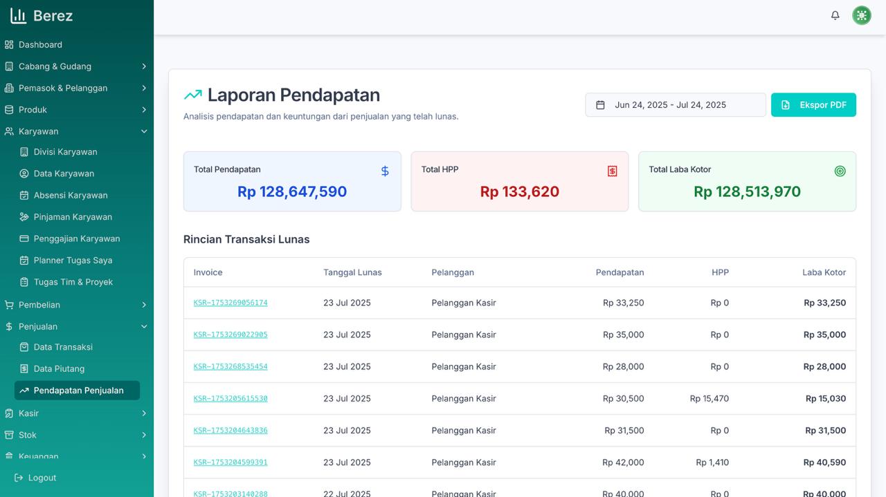 Tangkapan layar Laporan Keuangan di aplikasi Berez